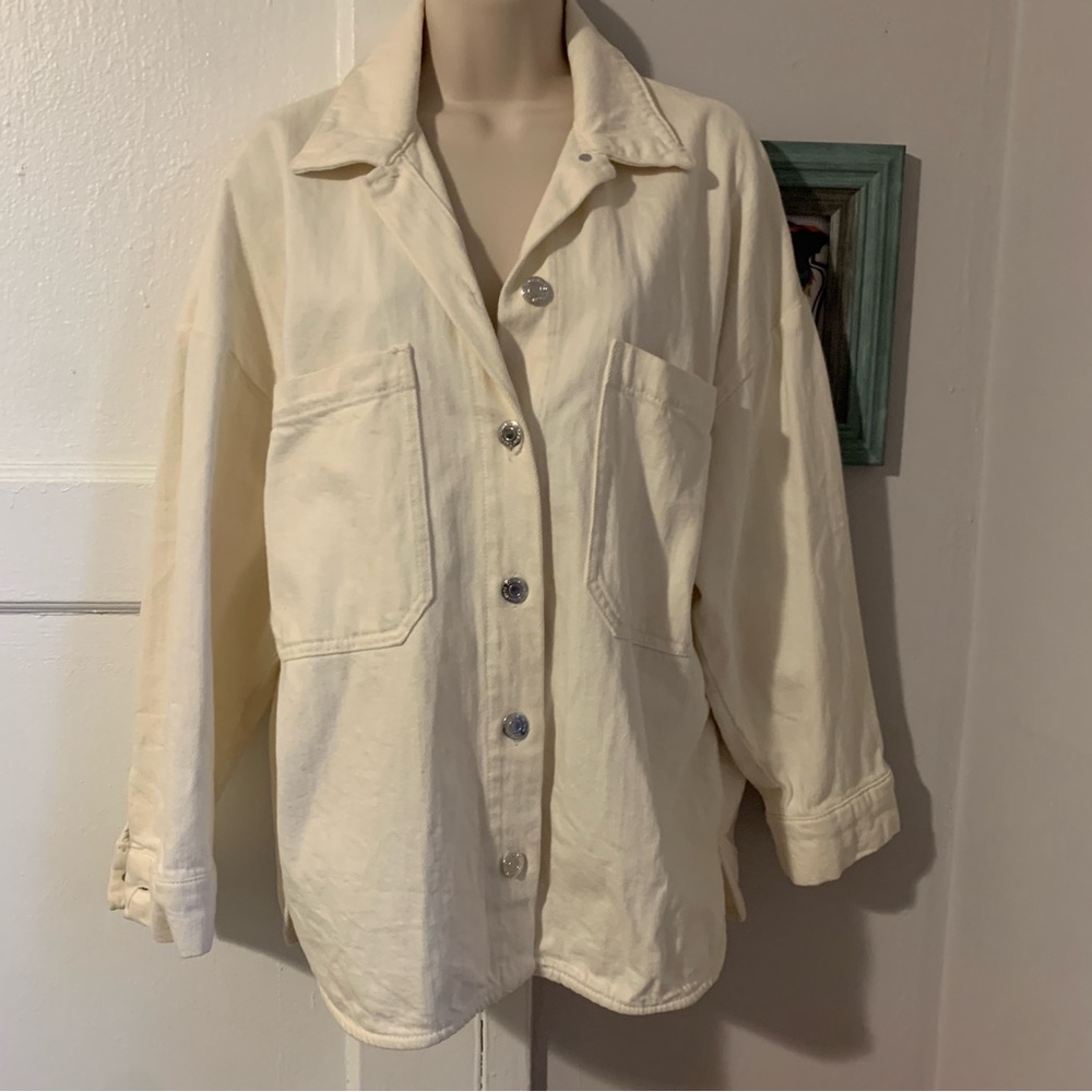 Zara White Denim Jacket Button Up Shirt Blouse Top Oversized Outerwear Baggy
